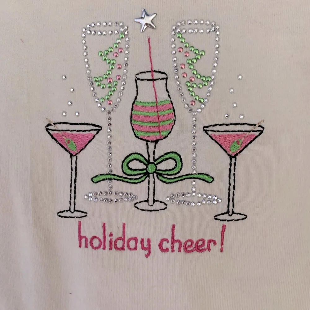 Holiday Cheer Cotton Tee XL Cream Embellished Festive Drinks Celebrate